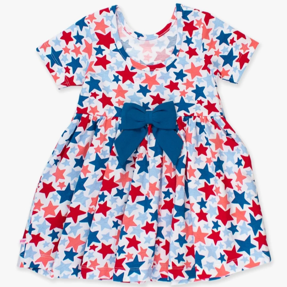 Red, white, and blue girls patriotic twirl dress with short sleeves