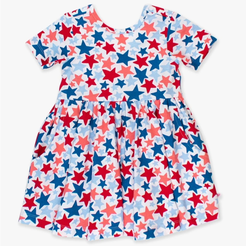 Red, white, and blue girls patriotic twirl dress with short sleeves
