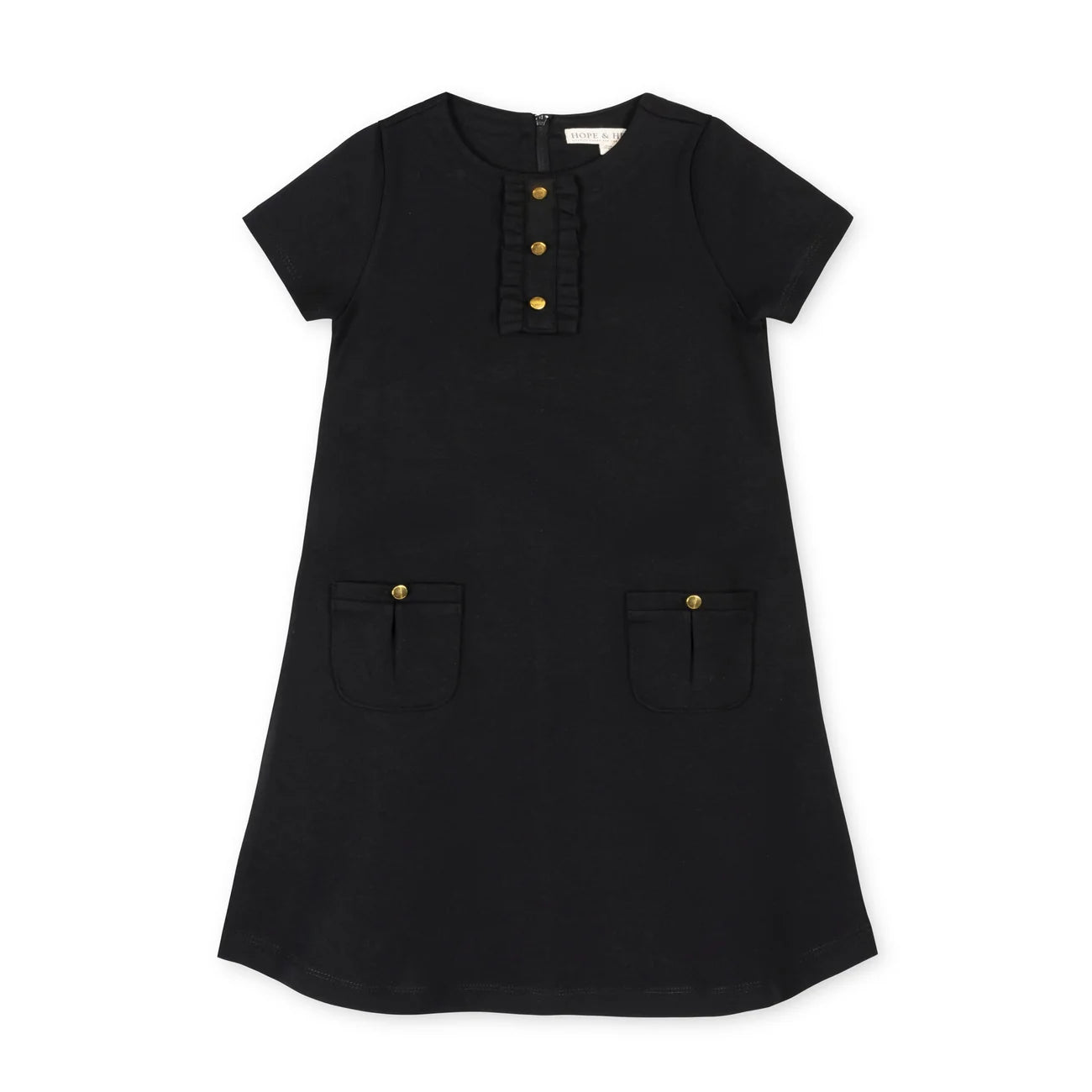 Hope & Henry Ponte A-Line Ruffle Placket Black Dress