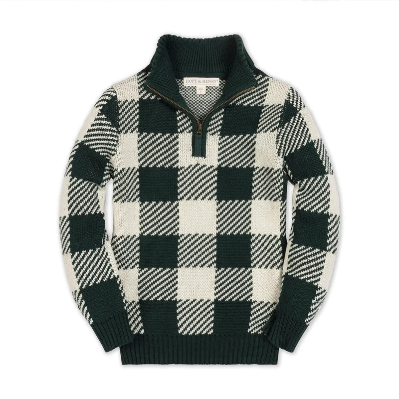 Hope & Henry Deep Green Organic Check Half Zip Sweater