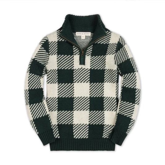 Hope & Henry Deep Green Organic Check Half Zip Sweater