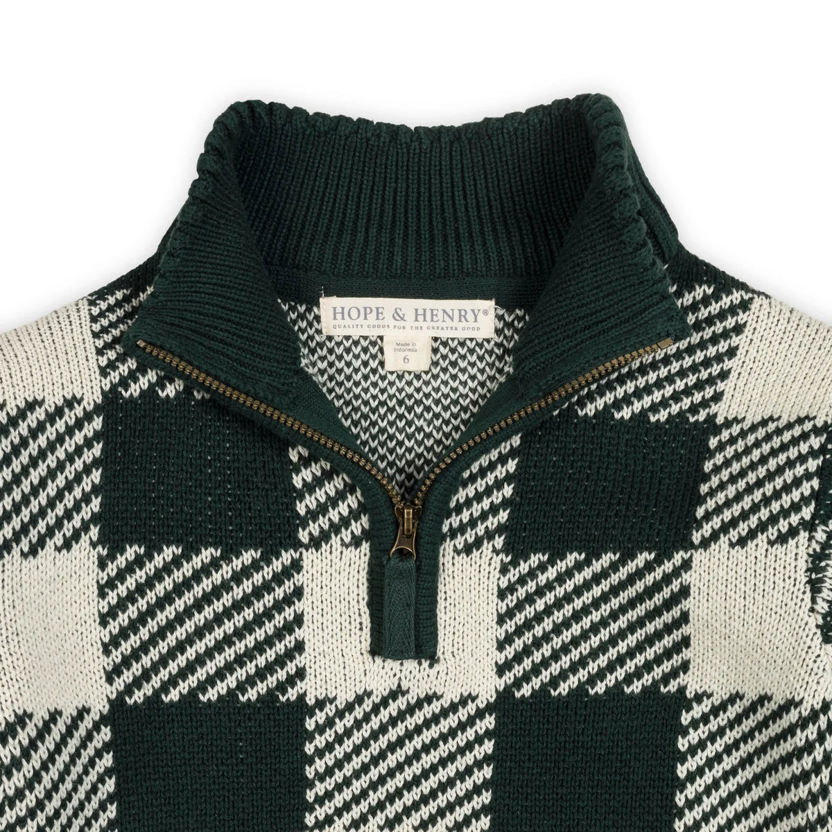 Hope & Henry Deep Green Organic Check Half Zip Sweater