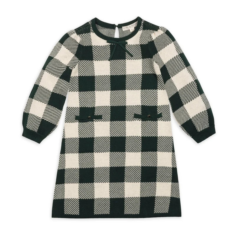 Hope & Henry Green Check Organic Puff Sleeve Sweater Dress