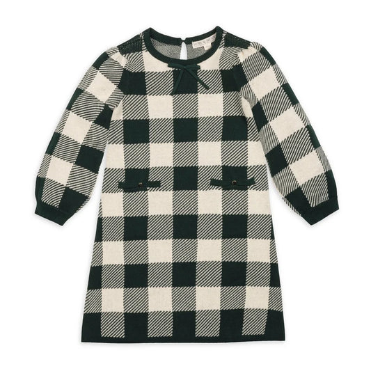 Hope & Henry Green Check Organic Puff Sleeve Sweater Dress
