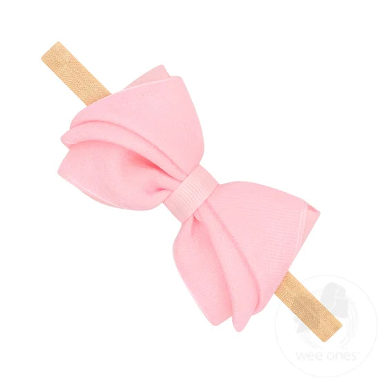 Wee Ones Small Pleated Organza Grosgrain Underlay Bow on Baby Band-Pink