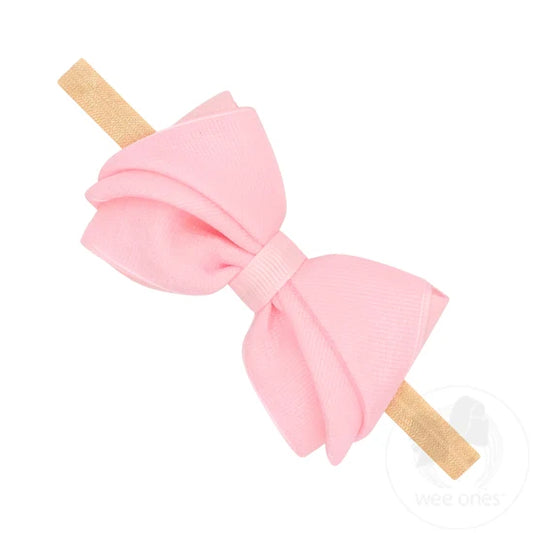 Wee Ones Small Pleated Organza Grosgrain Underlay Bow on Baby Band-Pink