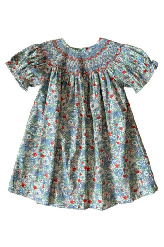 Lulu Bebe Megan Blue Flower Smocked Bishop Dress