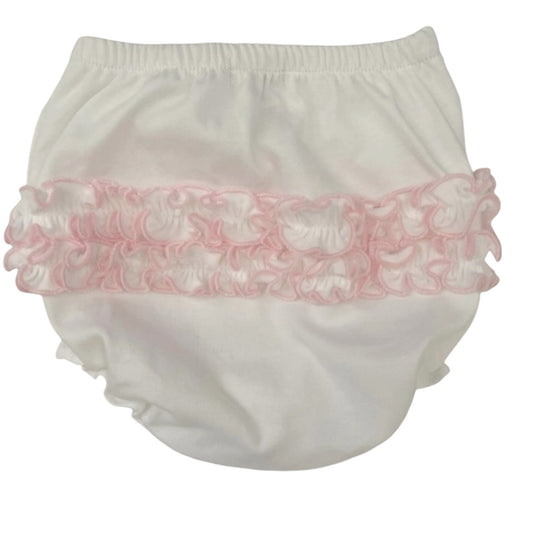 White Ruffle Pima Bloomer with Pink Trim