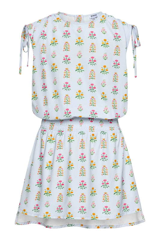 Pleat Blue Floral Block Print Helen Dress