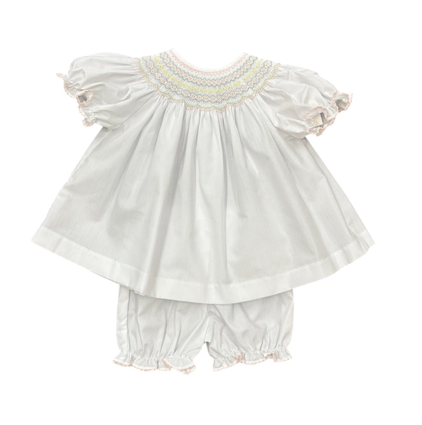 Lulu Bebe Emma Classic White-Pastel Smocked Bloomer Set