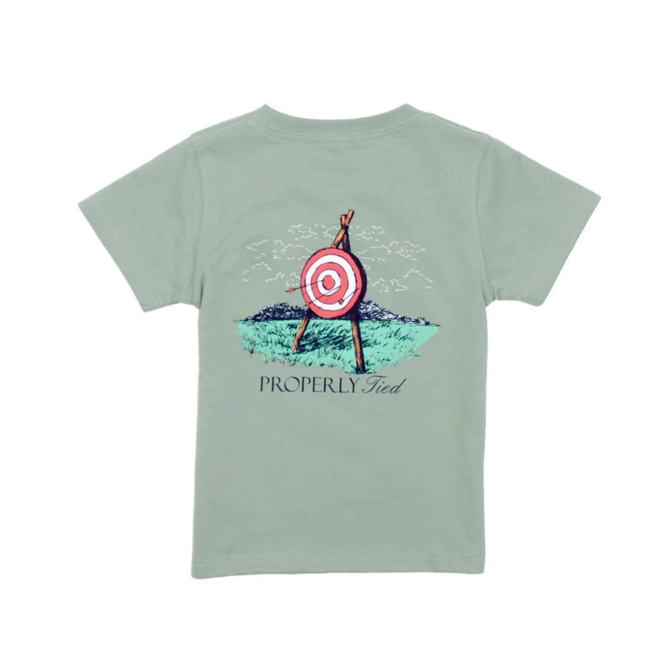 Kids Pima cotton archery tee in Sage with hand-drawn back graphic and front duck logo pocket by Properly Tied.