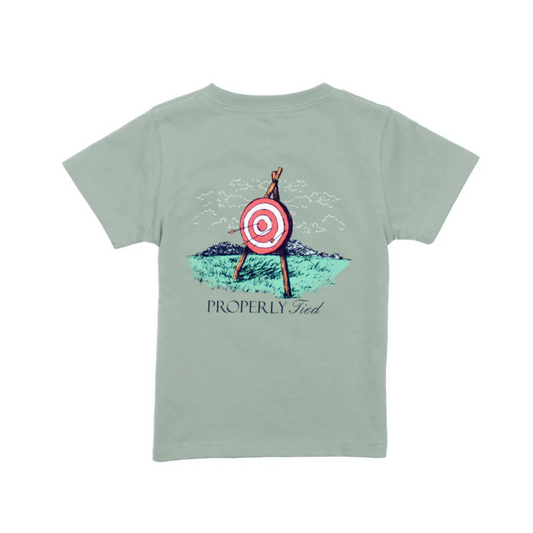 Kids Pima cotton archery tee in Sage with hand-drawn back graphic and front duck logo pocket by Properly Tied.