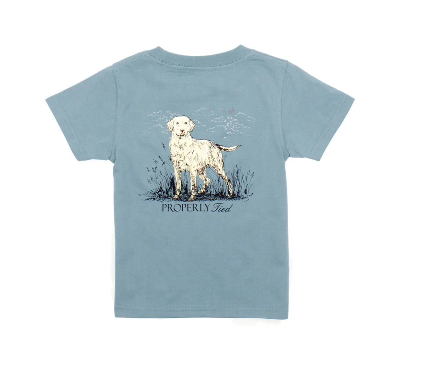 Steel blue kids Pima cotton tee with hand-drawn labrador back graphic and front duck logo pocket by Properly Tied.