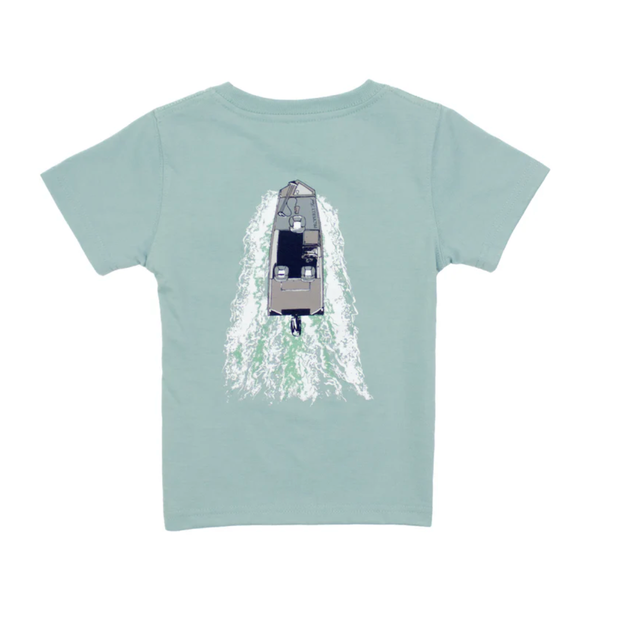 Boys Pima cotton tee in Marine Mist with hand-drawn On the Water back graphic and front duck logo pocket by Properly Tied.