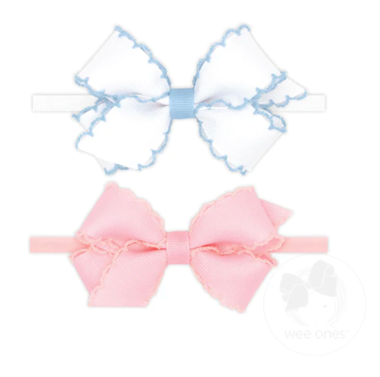 Wee Ones Mini Grosgrain Bows with Moonstitch Edge on Skinny Nylon Band - Blue/White