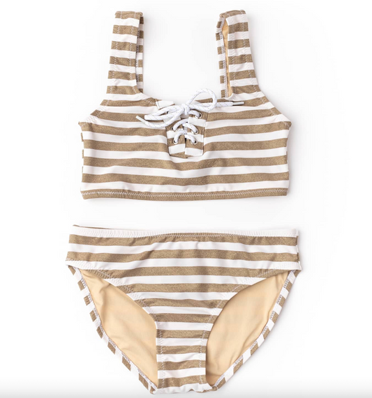 Shade Critters neutral Gold Stripe Shimmer Lace Up Bikini