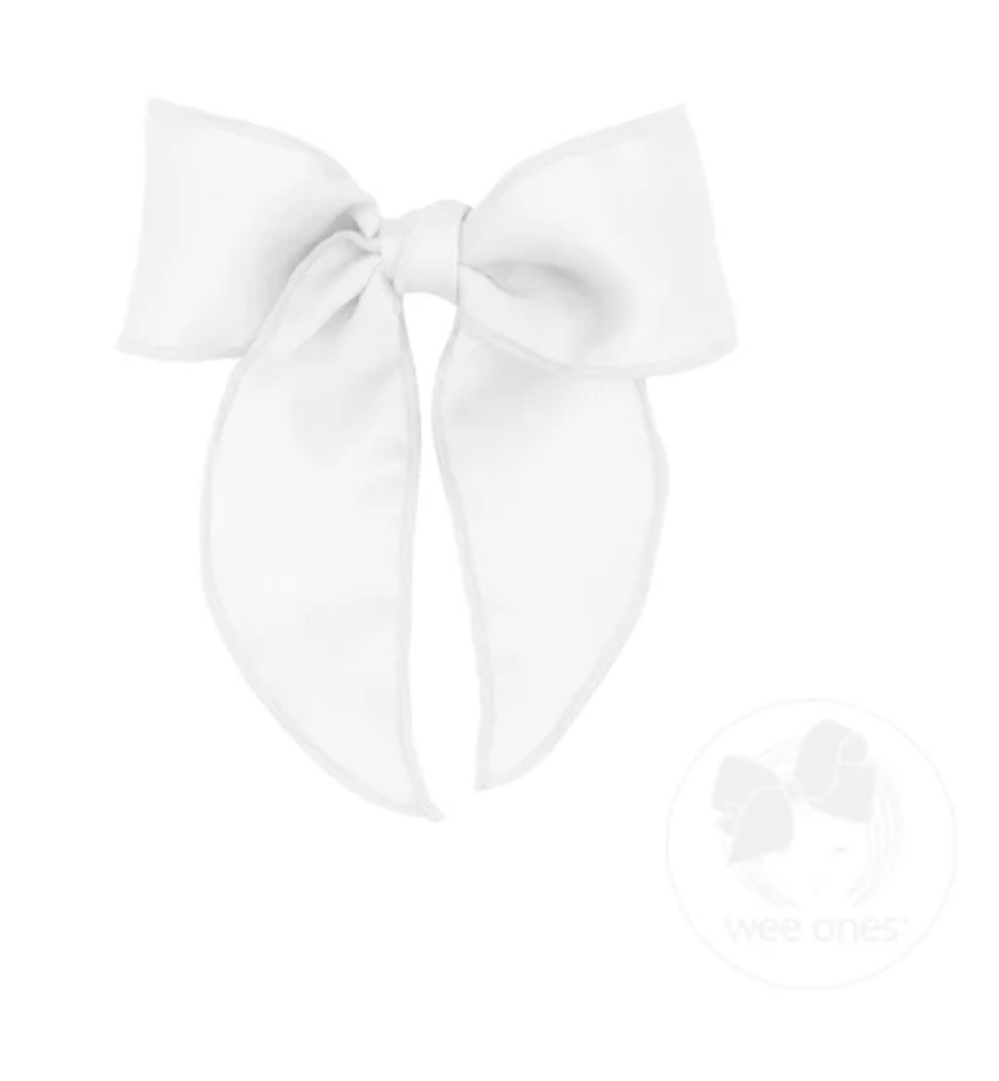 Wee Ones White Satin Bowtie with Twisted Wrap and Whimsy Tails