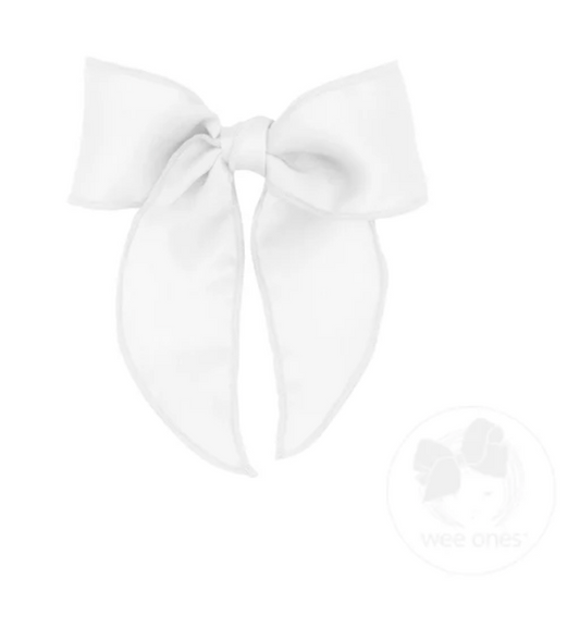 Wee Ones White Satin Bowtie with Twisted Wrap and Whimsy Tails