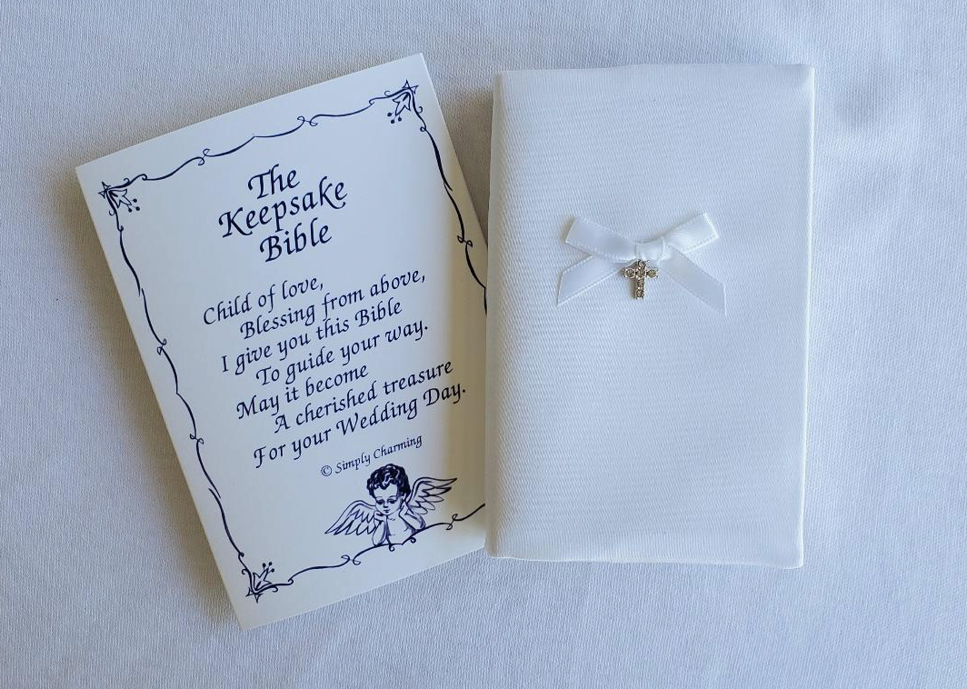 White Satin Baby Bible w/ Fine Crystal Cross