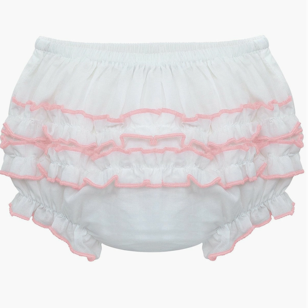 Girls Bloomers - White Ruffle Pink Trim