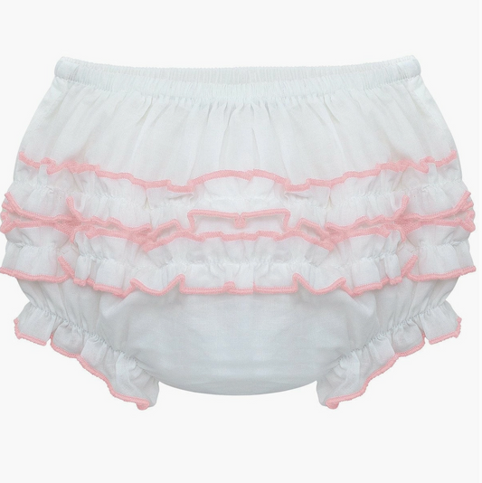 Girls Bloomers - White Ruffle Pink Trim