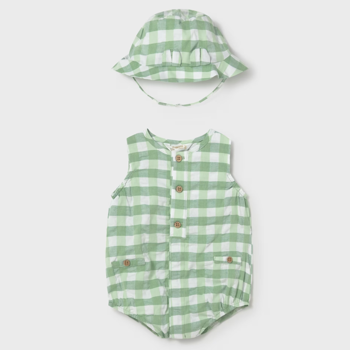 Mayoral Baby Boy Green Gingham Bubble with Hat