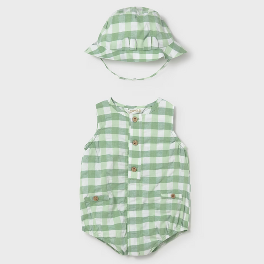 Mayoral Baby Boy Green Gingham Bubble with Hat