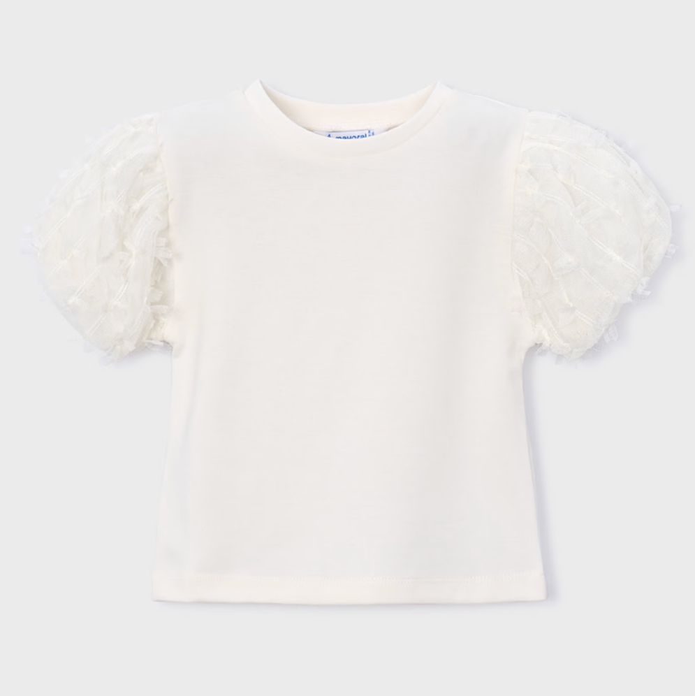 Mayoral Girl Cream Blossom Tulle Sleeve Shirt