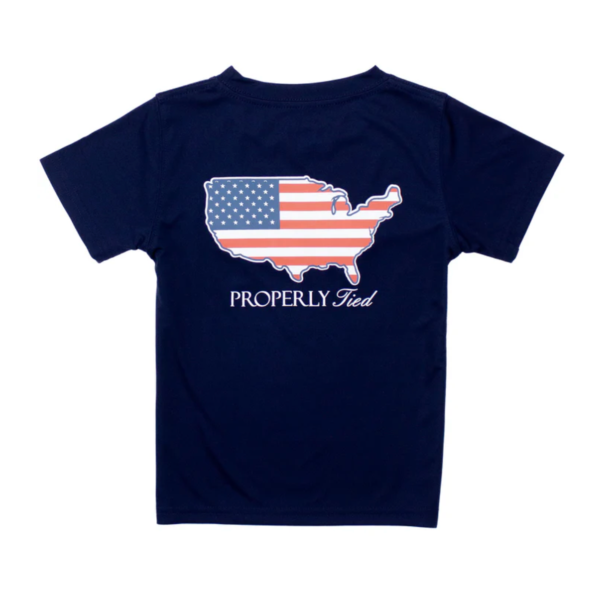 Properly Tied Old Glory on River Blue Performance Tee