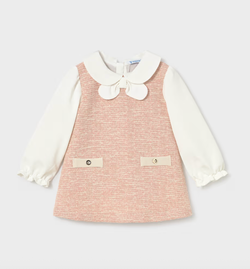 Mayoral Baby Mixed Fabric Dress in Pink Tweed