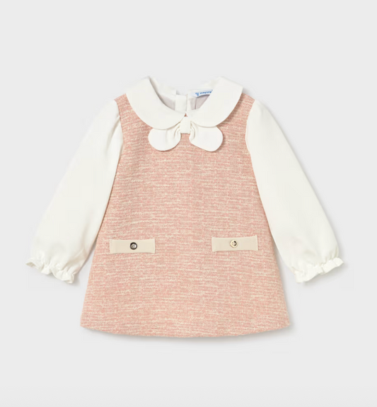 Mayoral Baby Mixed Fabric Dress in Pink Tweed