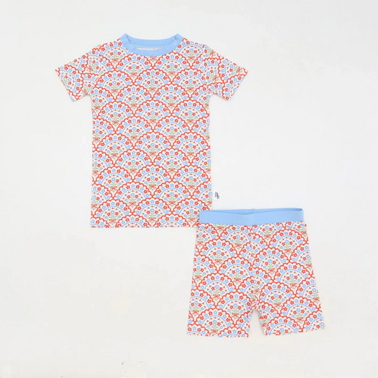 Children’s patriotic red, white, and blue floral bamboo pajamas in a soft two-piece set, part of a mommy-and-me collection.