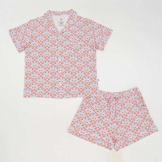 Red, white, and blue floral women’s bamboo pajama set, part of a mommy-and-me matching patriotic collection.