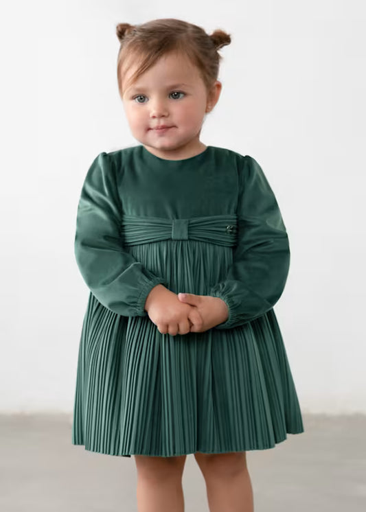 Mayoral Baby Pleated Velvet Dress in Green