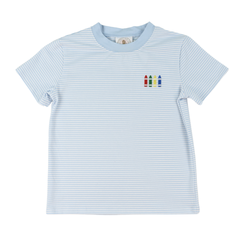 Boys striped back to school tee with light blue stripes and crayon graphic on chest, made from soft cotton spandex blend.