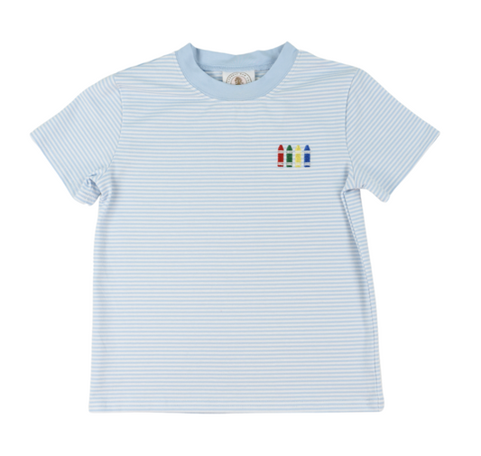 Boys striped back to school tee with light blue stripes and crayon graphic on chest, made from soft cotton spandex blend.