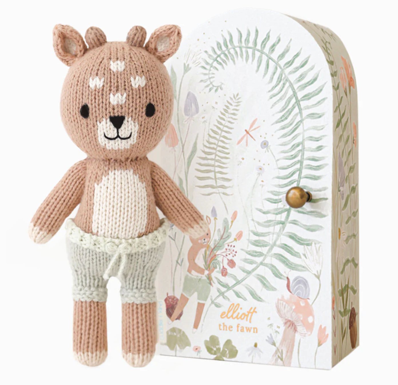 Hand-knit Tiny Elliot the Fawn doll, soft cotton yarn, safe for newborns, giving 10 meals to children worldwide.