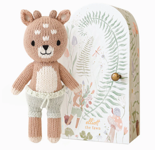 Hand-knit Tiny Elliot the Fawn doll, soft cotton yarn, safe for newborns, giving 10 meals to children worldwide.