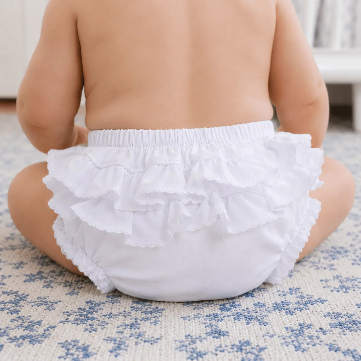 Magnolia Baby Essentials White Ruffle Diaper Cover with White Trim