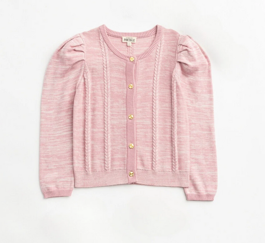 Finding Foxtale Pink Lady Cardigan with puff sleeves and bow buttons in heathered pink knit.