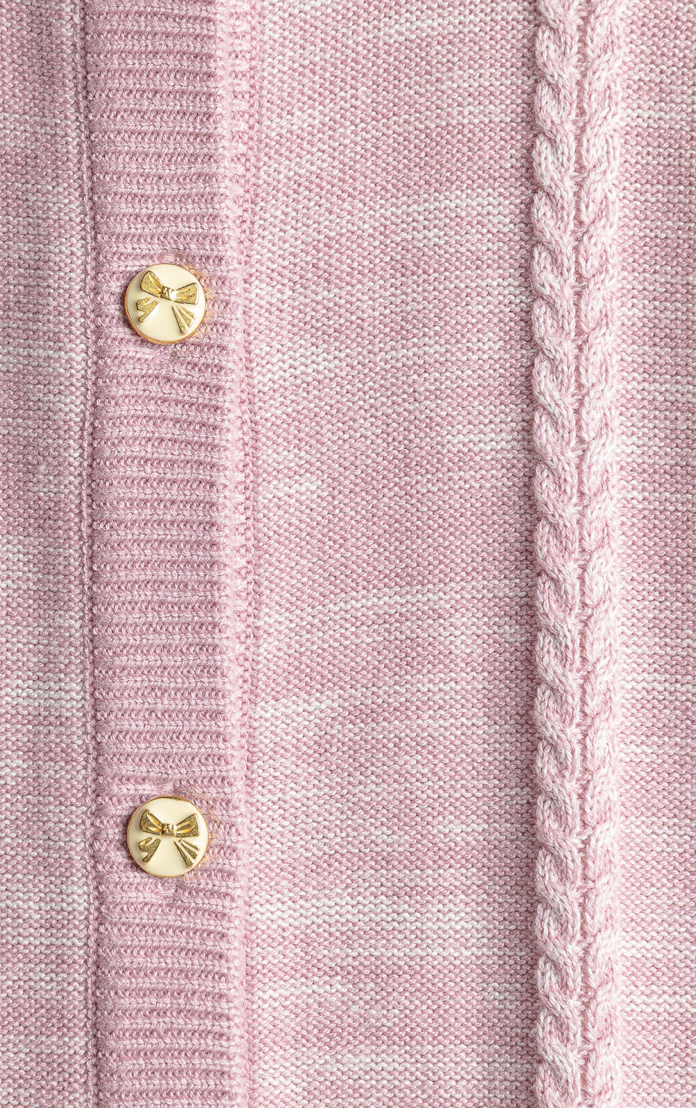 Finding Foxtale Pink Lady Cardigan with puff sleeves and bow buttons in heathered pink knit.
