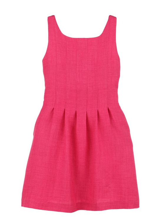 Girls Gabby Willow Fuchsia Pleated Dress with smocked back, soft pleats, and side pockets, made from lightweight polyester.