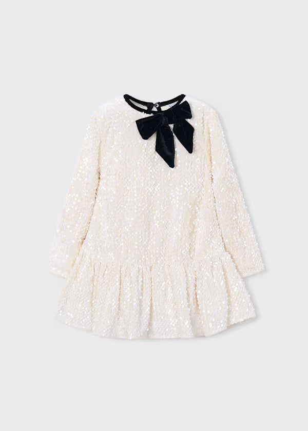 Mayoral Girl Sequin Dress with Velvet Bow