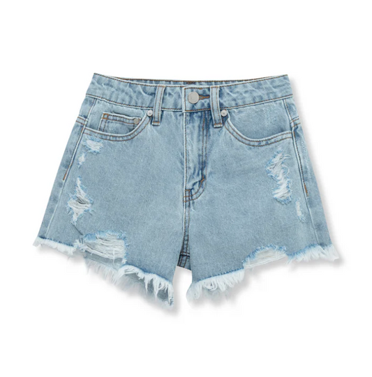 Habitual Girl Destiny frayed hem denim shorts with classic 5-pocket design.
