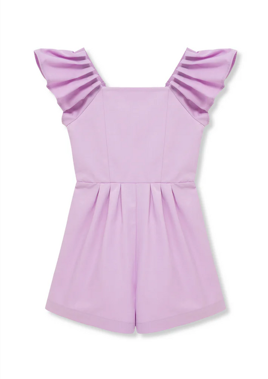 Habitual Girl Lindsey lilac flutter sleeve romper with elastic waist.