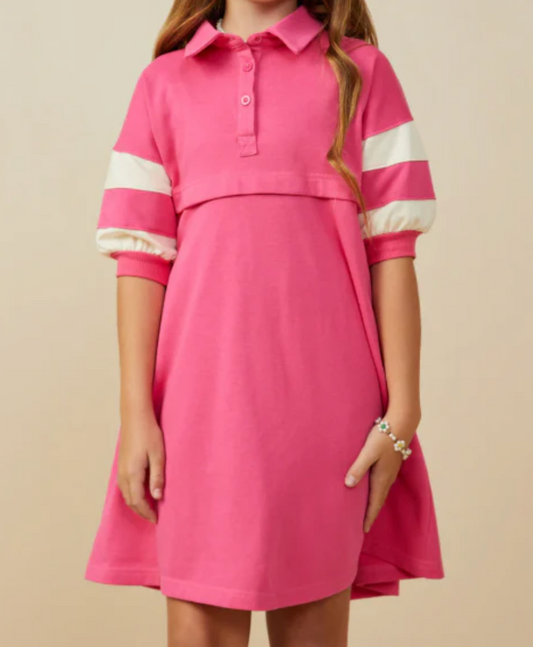 Pink Hayden Girl collar dress made of 80% cotton and 20% polyester, featuring a classic collar design, displayed on a plain background.