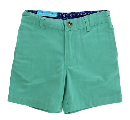 J Bailey Aloe Pete boys’ shorts in aloe green, made of 100% cotton twill with adjustable waist, belt loops, button closure, and pockets, displayed on a white background.