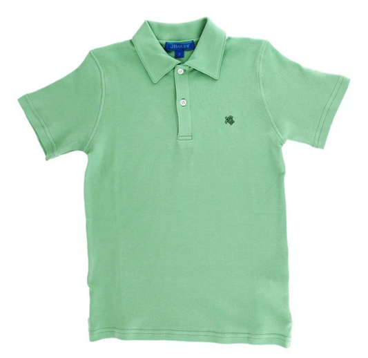 J Bailey Celery Henry boys’ polo shirt in light green, made of 100% cotton, featuring a two-button placket, ribbed collar, and embroidered turtle logo on the chest, laid flat on a white background.