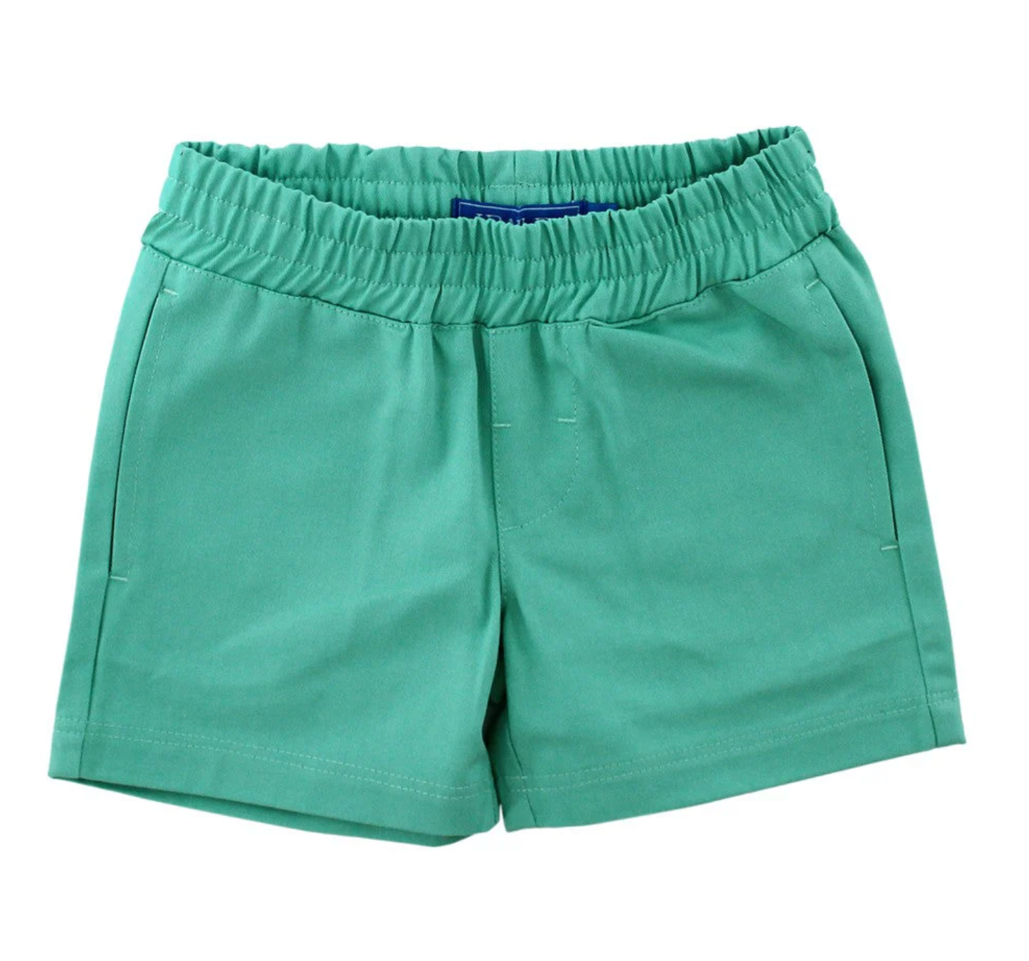 Boys’ J Bailey Seaside Aloe pull on shorts made of 100% cotton twill fabric, featuring pockets and elastic waistband, displayed on a plain background.