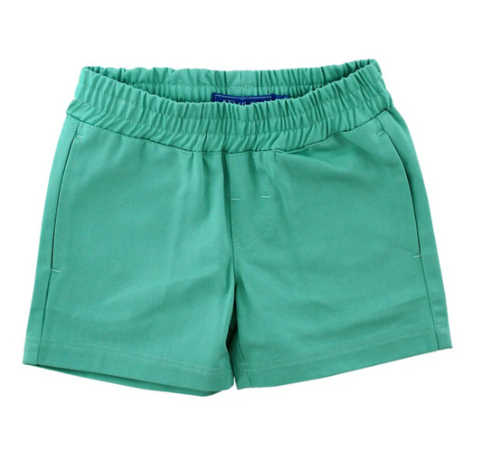 Boys’ J Bailey Seaside Aloe pull on shorts made of 100% cotton twill fabric, featuring pockets and elastic waistband, displayed on a plain background.